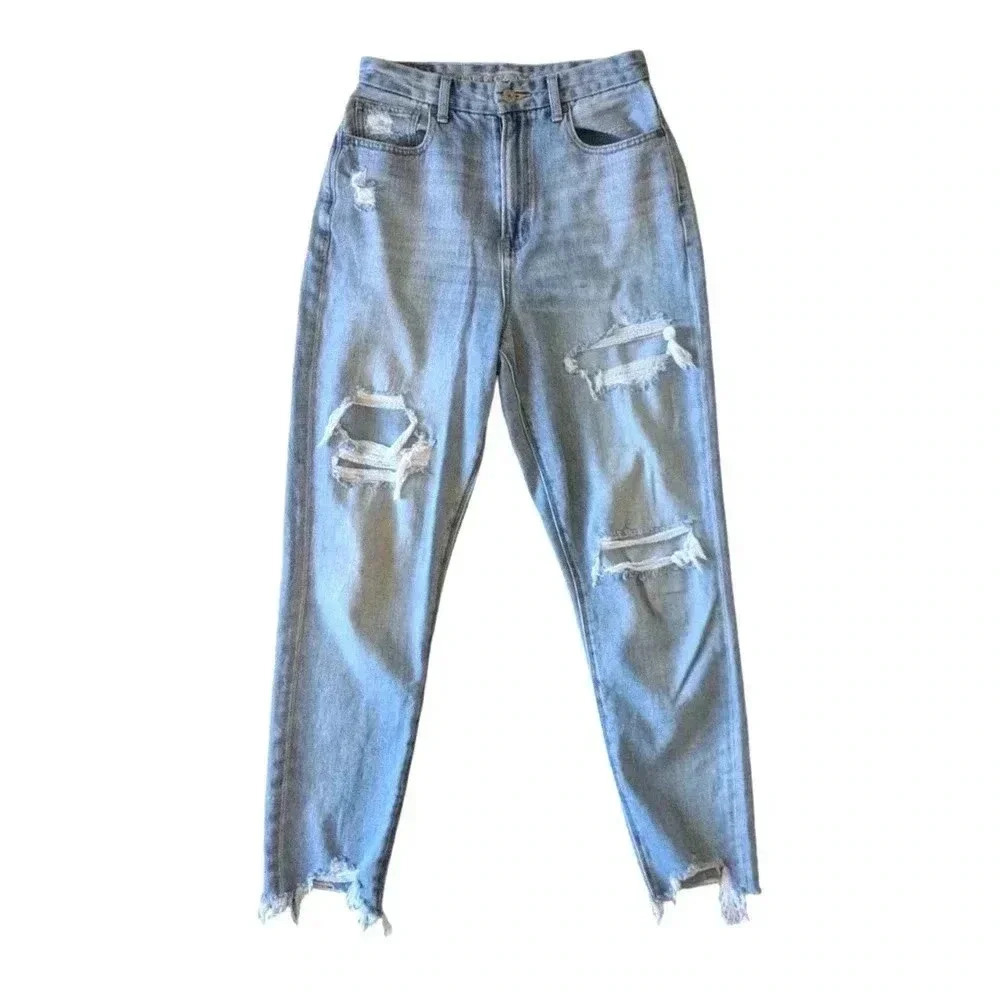 American Eagle Curvy Mom Jeans Light Wash Shark Bite Hem Distressed Rips Size 2R